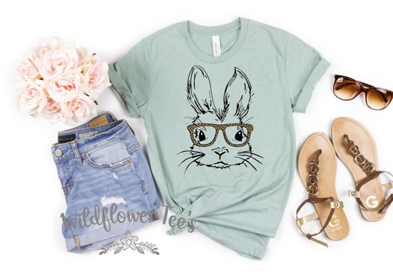 Women's Easter BUNNY with Leopard Glasses Limited Time Cute Holiday EASTER Spring Tee T-Shirt Graphic Tee Plus Size Avail in 3X 3XL 4X 4XL