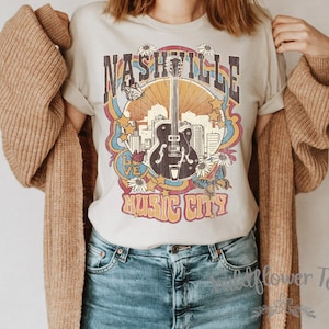 Women&#39;s RETRO NASHVILLE Music City Country  music Guitar Tee T-Shirt Graphic Tee Plus Size Tee t-shirts up to 3X 3XL 4X 4XL AVAIL