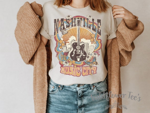 Women's RETRO NASHVILLE Music City Country  music Guitar Tee T-Shirt Graphic Tee Plus Size Tee t-shirts up to 3X 3XL 4X 4XL AVAIL