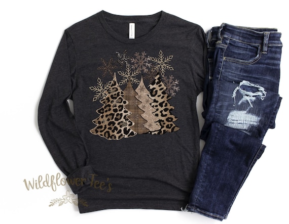 Women's LEOPARD CHRISTMAS TREES Limited Time Cute Chic Winter Holiday Christmas Tee T-Shirt Graphic Tee Long Sleeve Plus Sizes up to 3XL 4XL