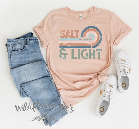 Women's Retro Distressed SALT & LIGHT 5:13 Cute Faith Christian Worship Prayer Spring Graphic Tee Plus Size Avail in 3X 3XL 4X 4XL