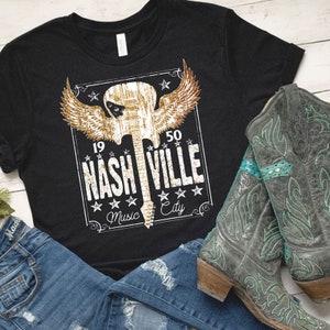 Women&#39;s NASHVILLE Music City Country  music Guitar Tee T-Shirt Graphic Tee Plus Size Tee t-shirts up to 3X 3XL 4X 4XL 5X 5XL AVAIL
