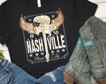 Women's NASHVILLE Music City Country  music Guitar Tee T-Shirt Graphic Tee Plus Size Tee t-shirts up to 3X 3XL 4X 4XL 5X 5XL AVAIL