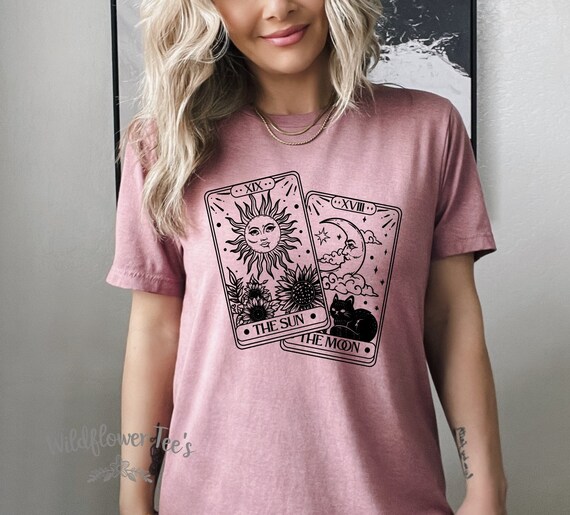 Women's SUN & MOON TAROT CARDs Witchy Crystals Halloween Tee T-Shirt Graphic Tee Plus Size Avail 3X 3XL 4X 4XL