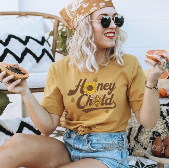 Women's Retro Vintage HONEY CHILD Tee T-Shirt Nature Bee Honey Urban Beekeeper Boho Hippie Chic Graphic Tee Plus Size Avail to 3X 3XL 4X 4XL