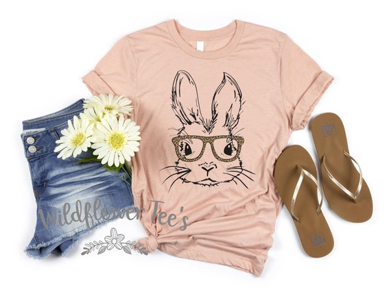 Women's Easter BUNNY with Leopard Glasses Limited Time Cute Holiday EASTER Spring Tee T-Shirt Graphic Tee Plus Size Avail in 3X 3XL 4X 4XL