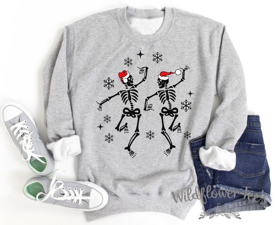 Women's DANCING CHRISTMAS SKELLIES Christmas Sweatshirt Cozy Comfy Skeletons Fleece Trendy Boho Chic Winter plus sizes avail up to 5XL