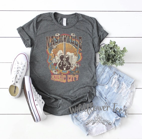 Women's RETRO NASHVILLE Music City Country  music Guitar Tee T-Shirt Graphic Tee Plus Size Tee t-shirts up to 3X 3XL 4X 4XL AVAIL