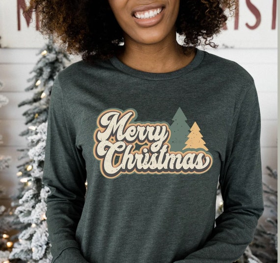 Women's RETRO MERRY CHRISTMAS Trees Limited Time Cute Chic Winter Holiday Christmas Tee T-Shirt Graphic Tee Long Sleeve Plus Sizes up to 2XL