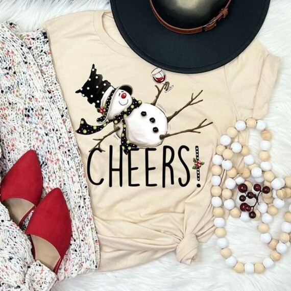 Women's CHEERS Snowman Frosty Limited Cute Holiday Christmas Tee T-Shirt Graphic Tee Plus Size Avail up to 3X 3XL 4X 4XL