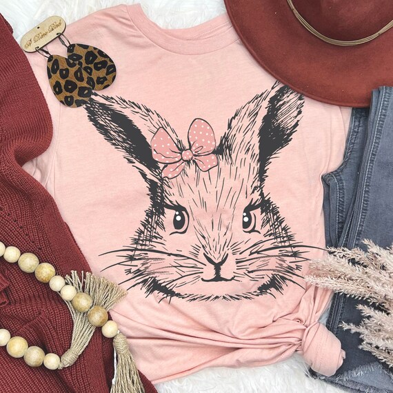 Women's Easter BUNNY SKETCH With BOW Limited Time Cute Holiday Easter Spring Tee T-Shirt Graphic Tee Plus Size Avail in 3X 3XL 4X 4XL