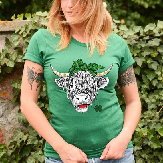 Women's St Patty's Day SHAGGY COW Shamrock Highland Cow Limited Time Cute Holiday Tee T-Shirt Graphic Tee Plus Size Avail in 3X 3XL 4X 4XL