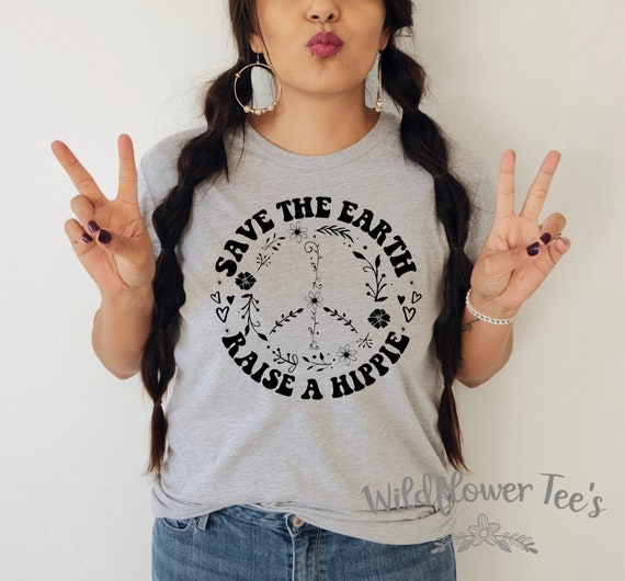 Women's Save The Earth RAISE A HIPPIE Peace Tee T-Shirt Funny Flower Power Groovy Graphic Tee Plus Size 3X 4X 3XL 4XL 5X 5XL Available