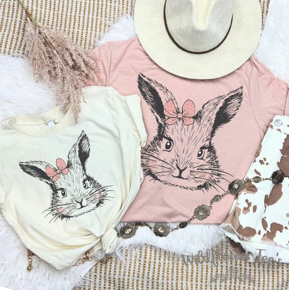 Women's Easter BUNNY SKETCH With BOW Limited Time Cute Holiday Easter Spring Tee T-Shirt Graphic Tee Plus Size Avail in 3X 3XL 4X 4XL
