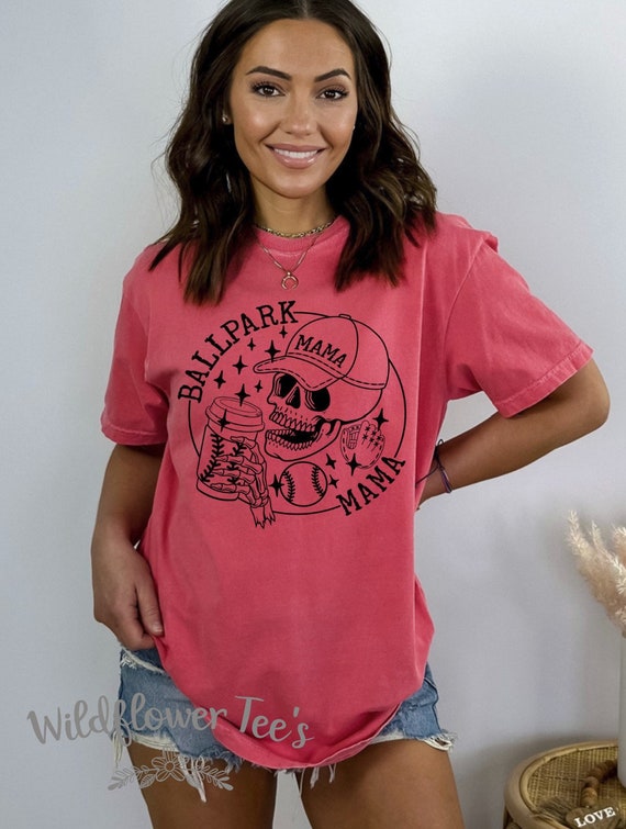 Women's BALLPARK MAMA Baseball Mom Boho Trendy Chic Cute Comfort Colors Graphic Tee Plus Sizes avail to 4XL