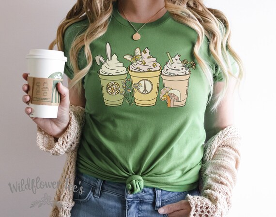 Women's SPRING EASTER coffee LATTES Peace Hippie Boho Limited Time Cute Coffee Lover Tee T-Shirt Graphic Tee Plus Size Avail up to 4X 4XL