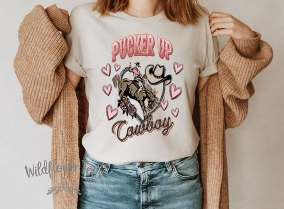 Women's Valentine's Day PUCKER UP COWBOY Limited Time Cute Holiday Graphic Tee T-shirt Plus Size Avail in 3X 3XL 4X 4XL