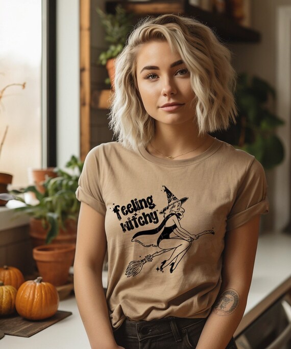 Women's FEELING WITCHY Cute Fun Fall Halloween Witch Spell Limited Graphic Tee T-Shirt S - 3XL 4XL