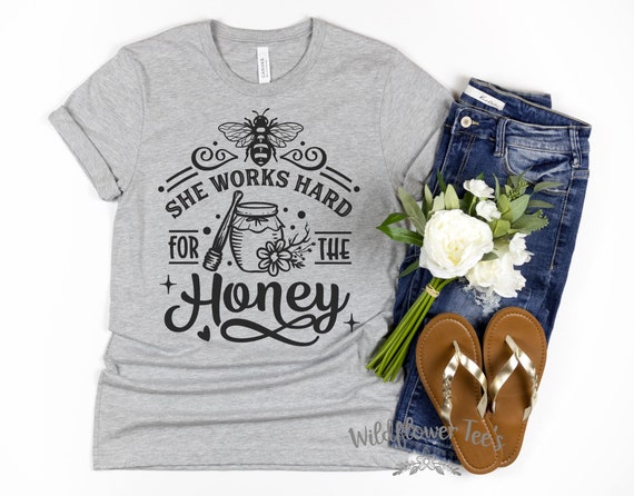 Women's She WORKS HARD For The HONEY Beekeeper Beehive Bee Organic Gift Graphic Tee Plus Size Avail up to 4X 4XL 5XL