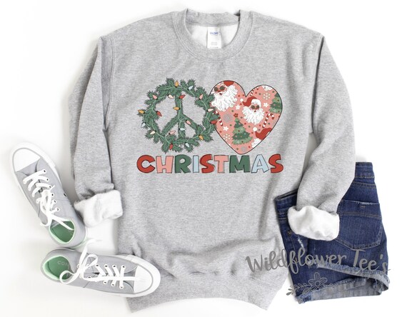 Women's Retro PEACE LOVE CHRISTMAS Sweatshirt Cozy Comfy Christmas Fleece Trendy Hippie Boho Country Chic Winter plus sizes avail up to 5XL