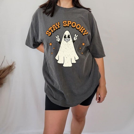 Women's STAY SPOOKY Ghost Boho Hippie Peace Halloween Funny Humor Sarcasm Comfort Colors OVERSIZED Tee T-Shirt Graphic Tee Plus Sizes avail
