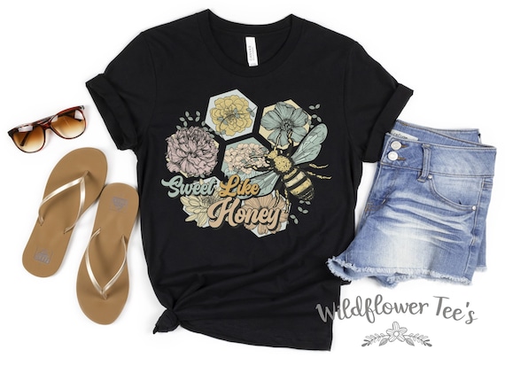Women's SWEET LIKE HONEY Spring Nature Bee Honey Urban Beekeeper Boho Hippie Chic Graphic Tee Plus Size Avail to 3X 3XL 4X 4XL 5X 5XL