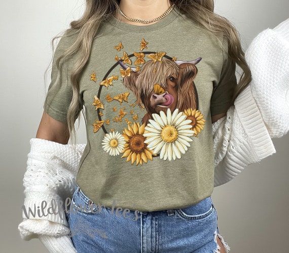 Women's SUNFLOWER Daisy HIGHLAND COW FaLL Tee T-Shirt Barn Cow Horses Ranch Rural Farm Country Graphic Tee Plus Sizes avail up to 4XL