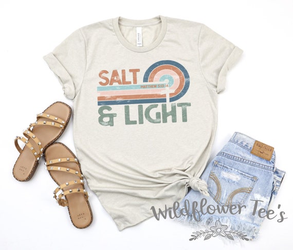 Women's Retro Distressed SALT & LIGHT 5:13 Cute Faith Christian Worship Prayer Spring Graphic Tee Plus Size Avail in 3X 3XL 4X 4XL