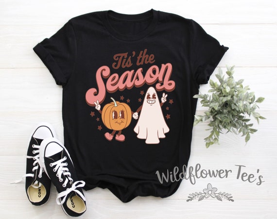 Women's Retro Ghost & Pumpkin TIS THE SEASON Falloween Fall Halloween  Limited Tee T-Shirt Graphic Tee Sizes S - 5XL Avail