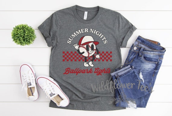 Women's Baseball SUMMER NIGHTS BALLPARK Lights Baseball Mom Tee T-Shirt Graphic Tee Plus Size Avail 3XL 3X 4XL 4X 5X 5XL