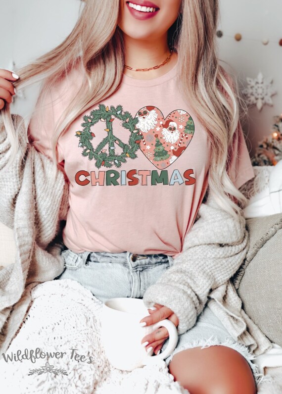 Women's PEACE LOVE CHRISTMAS Limited Cute Retro Hippie Holiday Christmas Tee T-Shirt Graphic Tee Plus Size Avail in 3XL 4XL