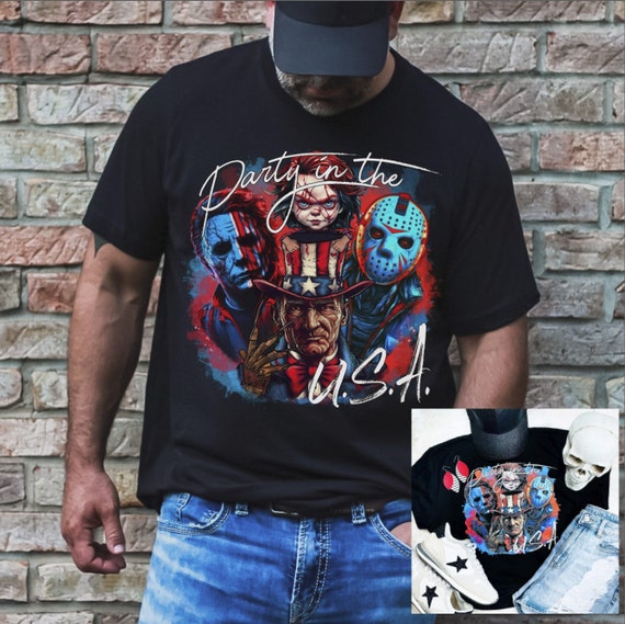Unisex Men's or Women's PARTY In The USA HORROR Fourth 4th Of July Graphic Tee t-shirt Plus Sizes avail up to 4X 4XL 5X 5XL