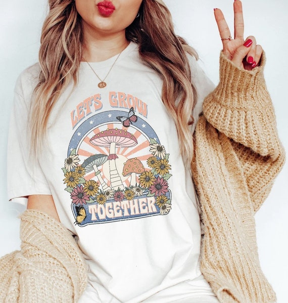 Women's LET'S GROW TOGETHER Mushroom Peace Hippie Tee T-Shirt Funny Flower Power Groovy Graphic Tee Plus Size 3X 4X 3XL 4XL Available
