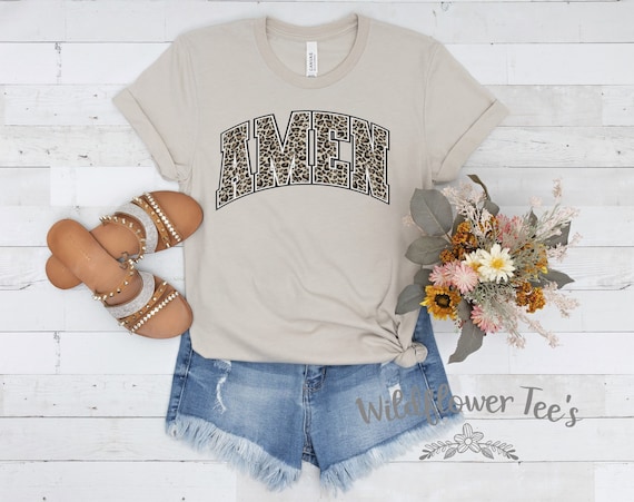 Women's Leopard Collegiate AMEN Inspirational Faith Religion Christian T-Shirt Graphic Tee Plus Size 3X 3XL 4X 4XL Avail