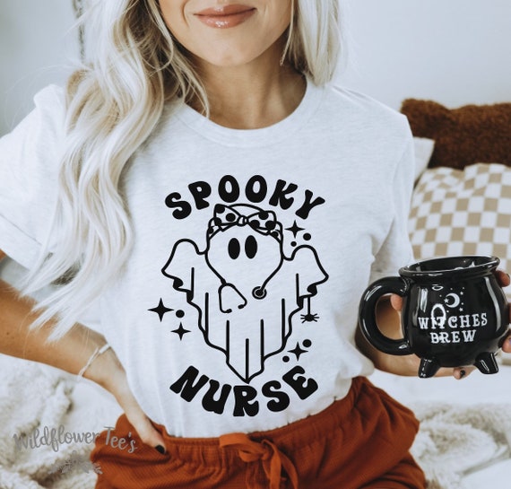 Women's SPOOKY NURSE Ghost Halloween Graphic Tee T-Shirt Plus Sizes Avail to 4X 4XL