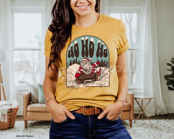 Women's Rustic HO HO HO Santa Small Town Cowgirl Cowboy Ranch Farm Country Barn Graphic Tee T-Shirt Plus Sizes Avail up to 4XL