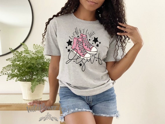 Women's WALKIN' WITH JESUS Tee Fun Inspirational Faith Religion Christian T-Shirt Graphic Tee Plus Size 3X 3XL 4X 4XL 5X 5XL