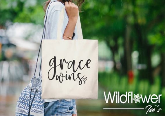 Tote Bag GRACE WINS Tote Bag, Religious, Christian, Faith, Bible Study, Jesus, Mom Life, Gift Bag