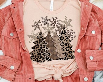 Women's LEOPARD CHRISTMAS TREES Limited Time Cute Chic Winter Holiday Christmas Tee T-Shirt Graphic Tee Plus Sizes avail 3XL 4XL