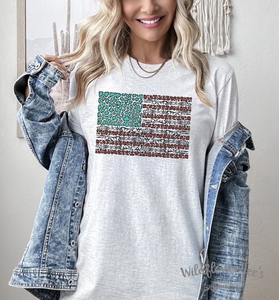 Women's AMERICAN ROCK FLAG Turquoise 4th Fourth of July Americana 'Merica Country Graphic Tee T-shirt Plus Size avail to 4X 4XL