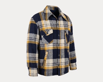 Vintage 70s Sears Plaid Jacket / Wool Blend Navy Mustard Shacket / Workwear Lumberjack / Men's Size 44