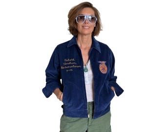 Vintage 80s Custom Chain Stitch FFA Blue Corduroy Jacket