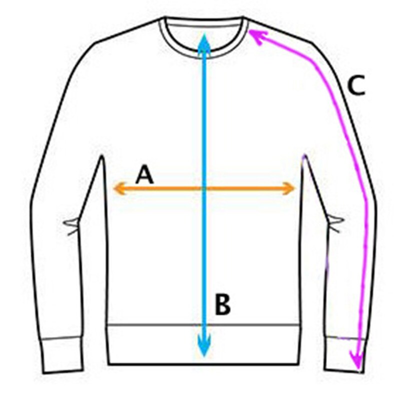 May include: Diagram showing how to measure a sweatshirt.  The measurements are labeled A, B, and C.  A is the width of the sweatshirt, B is the length of the sweatshirt, and C is the length of the sleeve.
