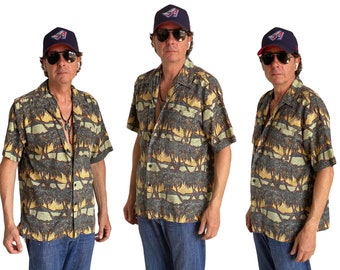 Chemise hawaïenne en soie vintage des années 90 luxe Aloha impression tropicale grande taille pour homme