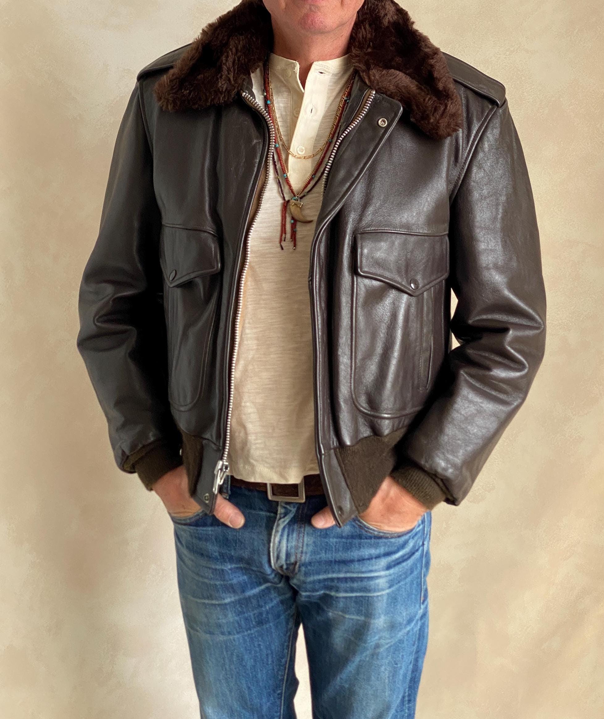Golden Fleece レザージャケット 44 Vintage Golden Fleece Leather Bomber Flight Jacket – Made in USA