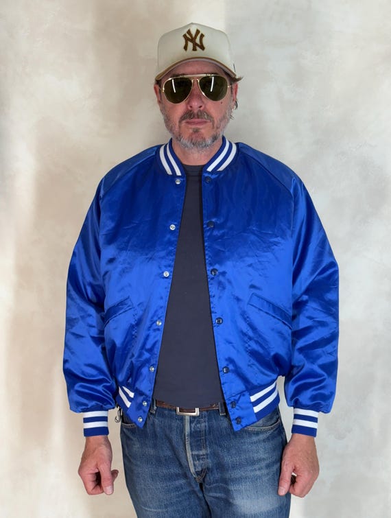Vintage 80s King Louie Satin Bomber Jacket / Pierce Bluejays