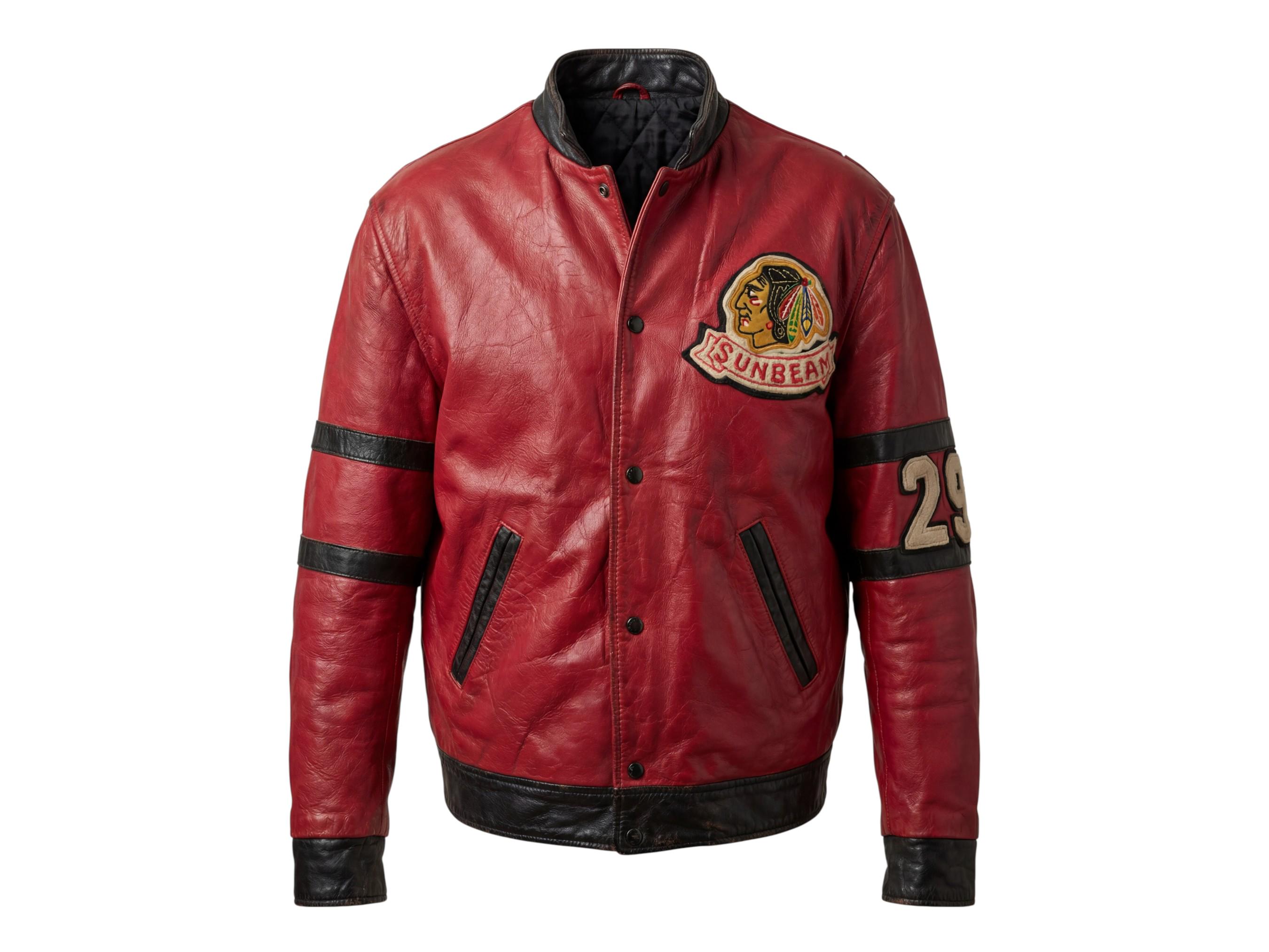 Sunbeam / Red Black Leather Varsity Bomber / Hockey Team Patch