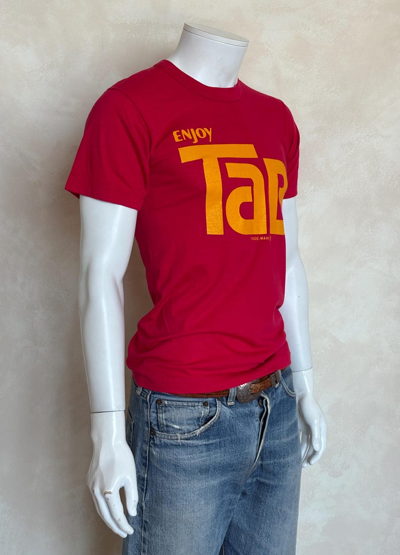 Vintage 80s Enjoy Tab Soda T-shirt – Bright Pink & Yellow Cola Graphic ...