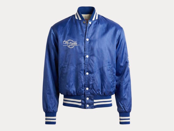 Vintage 80s Empire Royal Blue Satin Bomber / Embroidered Varsity 