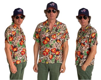Chemise Hawaïenne Vintage Homme Des Années 1950 - Taille M/L Bleue - Style Tiki Tahiti Authentique